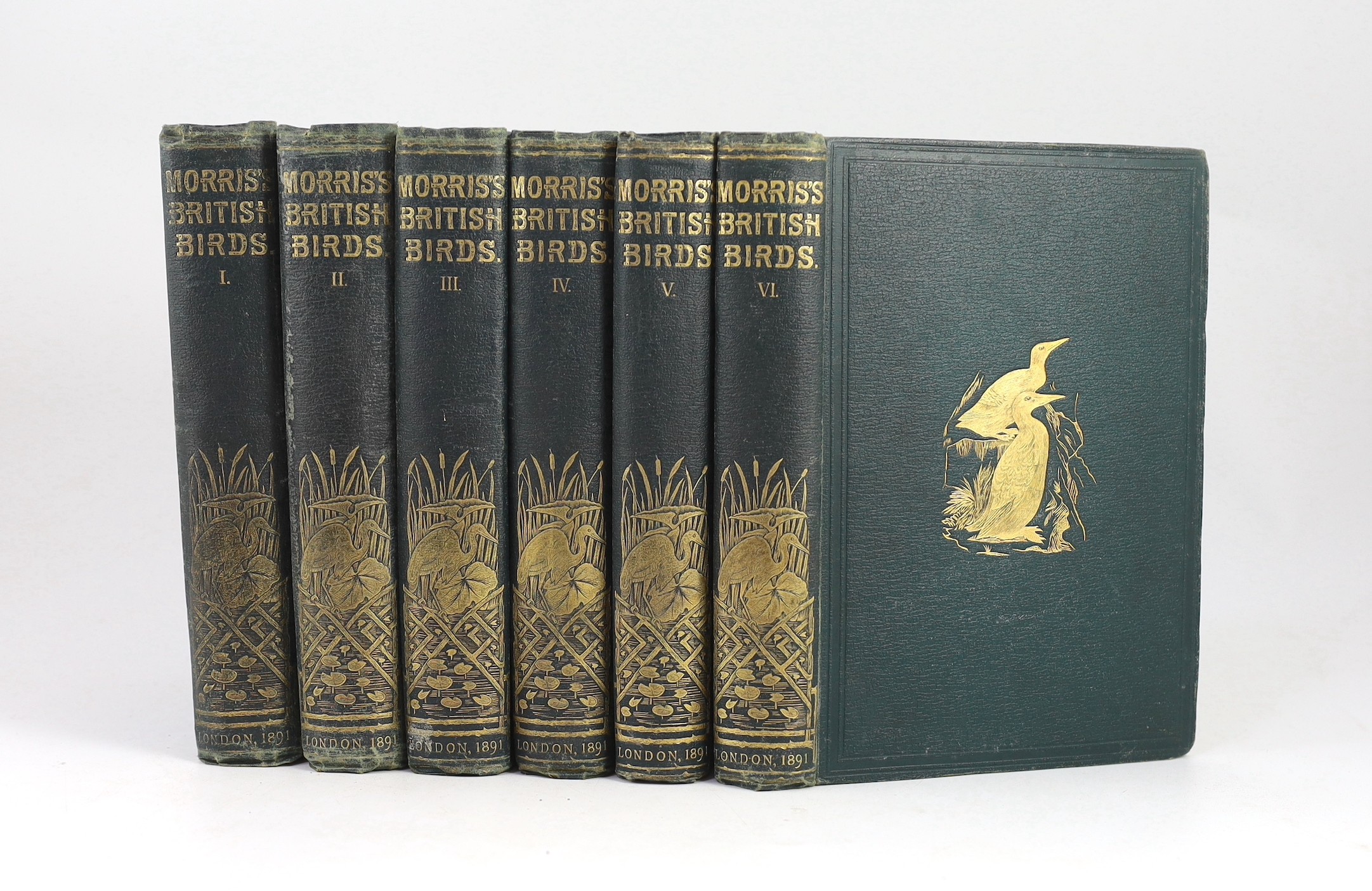 Morris, Francis Orpen - A History of British Birds, 3rd edition, 6 vols, 8vo original cloth pictorial gilt, with 394 hand-coloured plates, spines bumped, John C. Nimmo, London, 1891